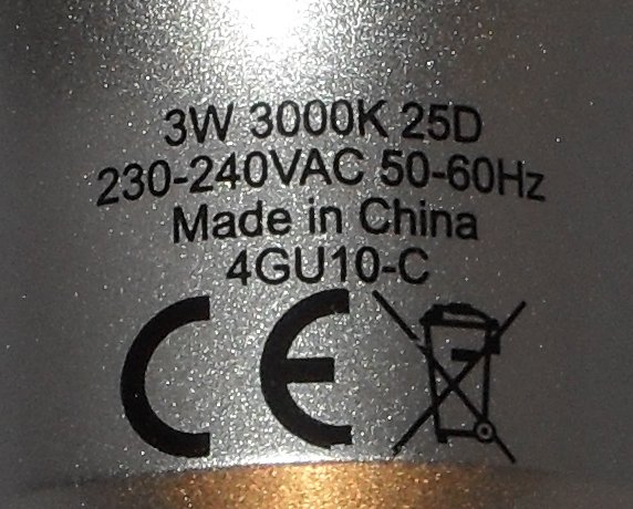 Philips Econic 3W GU10 25 Degree 3000K LED Lamp - Detail of text printed on lamp base