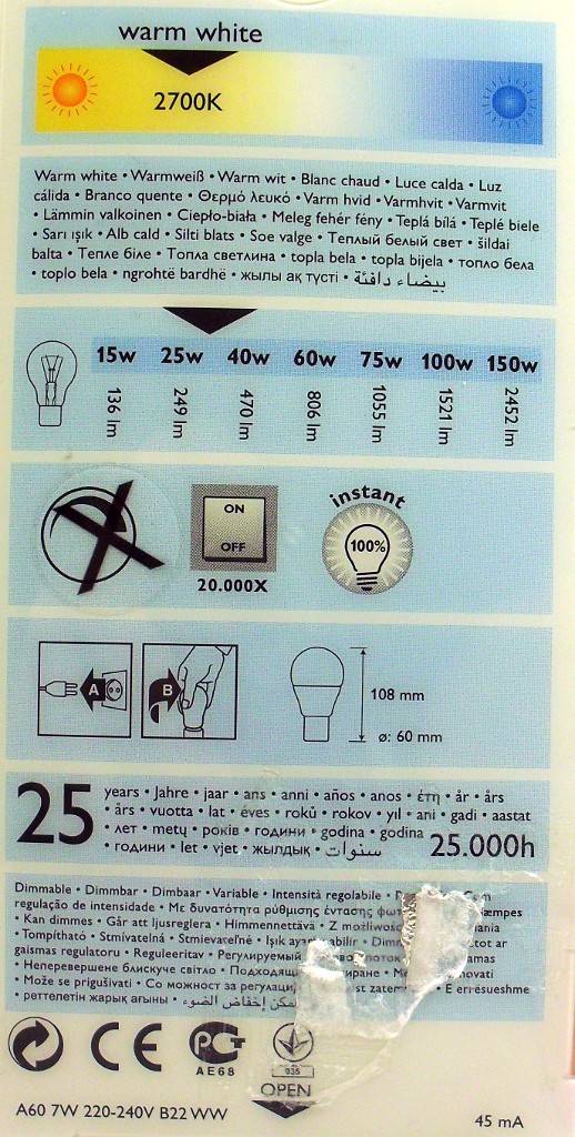 Philips Econic 7W A60 Warm White LED Lamp - Detail of text on rear of packaging
