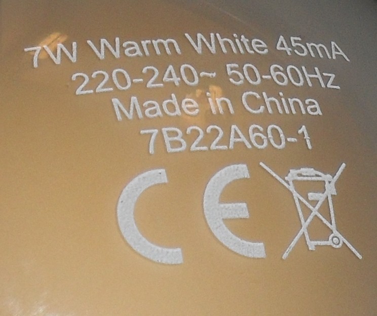 Philips Econic 7W A60 Warm White LED Lamp - Detail of text printed on lamp crown