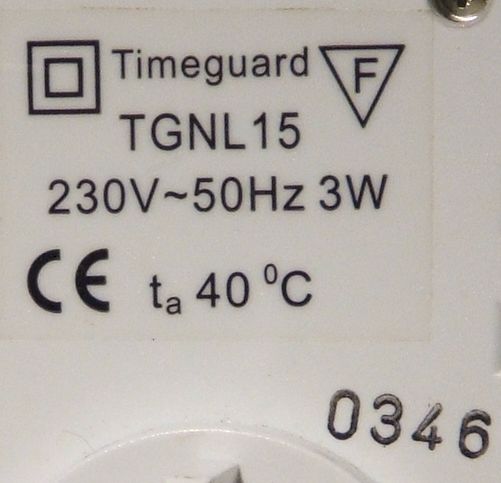 Timeguard TGNL15 Fluorescent Night Light - Detail of label on rear of unit