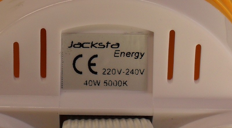 Jacksta 40W 500K Induction Lamp - Detail of rating sticker on lamp base