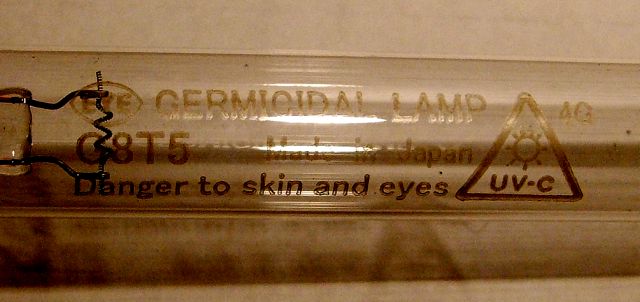 Iwasaki Eye G8T5 8W Germicidal Lamp - Detail of text printed on tube