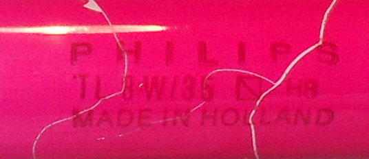 Philips TL 8W/35 - Pink Coated Fluorescent Tube - Detail of text printed on tube