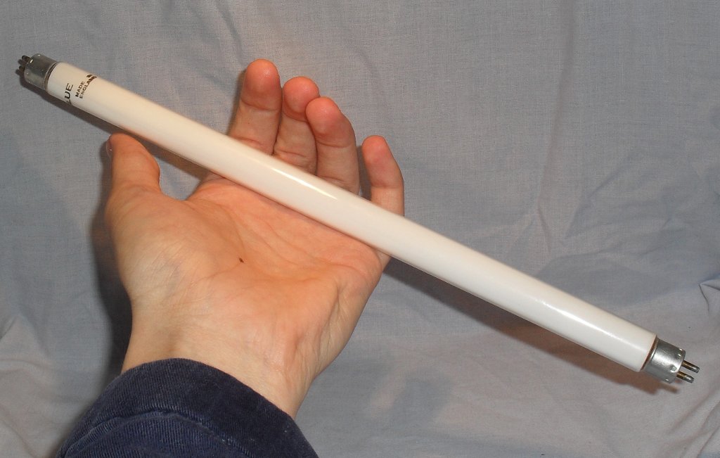 Endura F8T5 Blue Coloured Fluorescent Tube - Shown held in hand to give sense of relative size