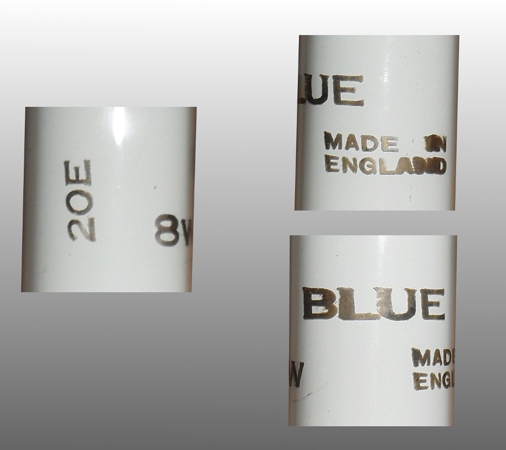 Endura F8T5 Blue Coloured Fluorescent Tube - Detail of all text printed on tube