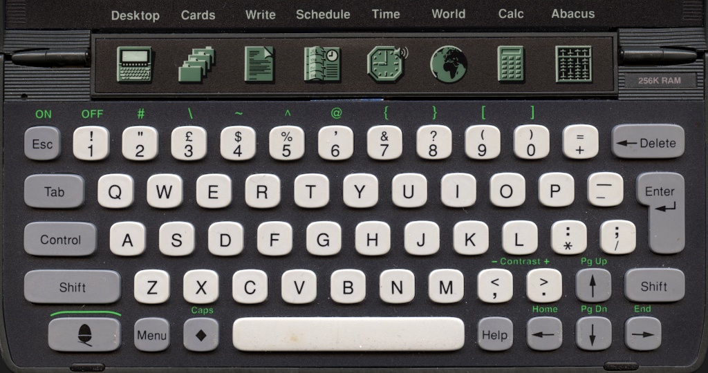 Detail of keyboard layout (including shortcut keys above main keyboard) on an Acorn Pocket Book II