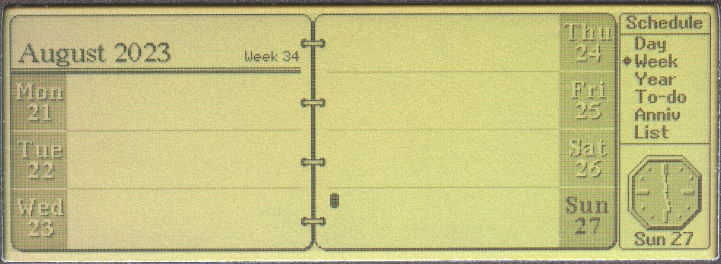 Schedule Application running on an Acorn Pocket Book II showing the per-week view
