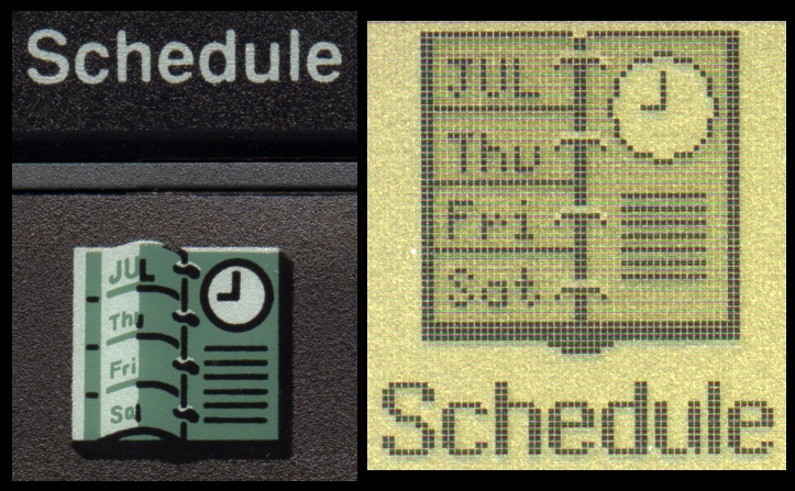 Detail of the Schedule application shortcut key and application icon on an Acorn Pocket Book II