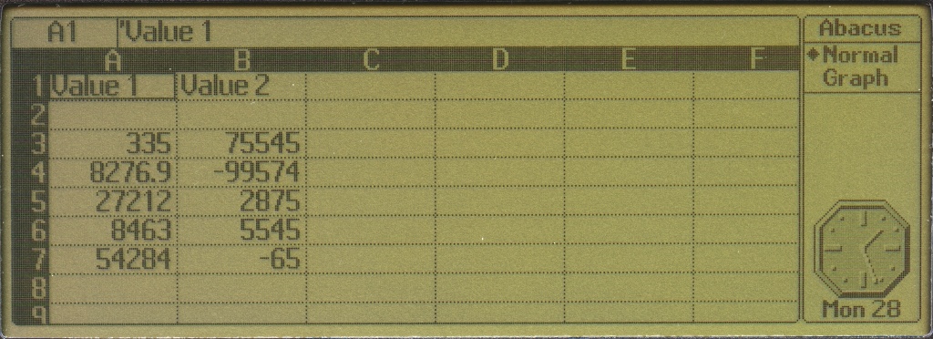 An Acorn Pocket Book II showing the Abacus spreadsheet program in Normal View