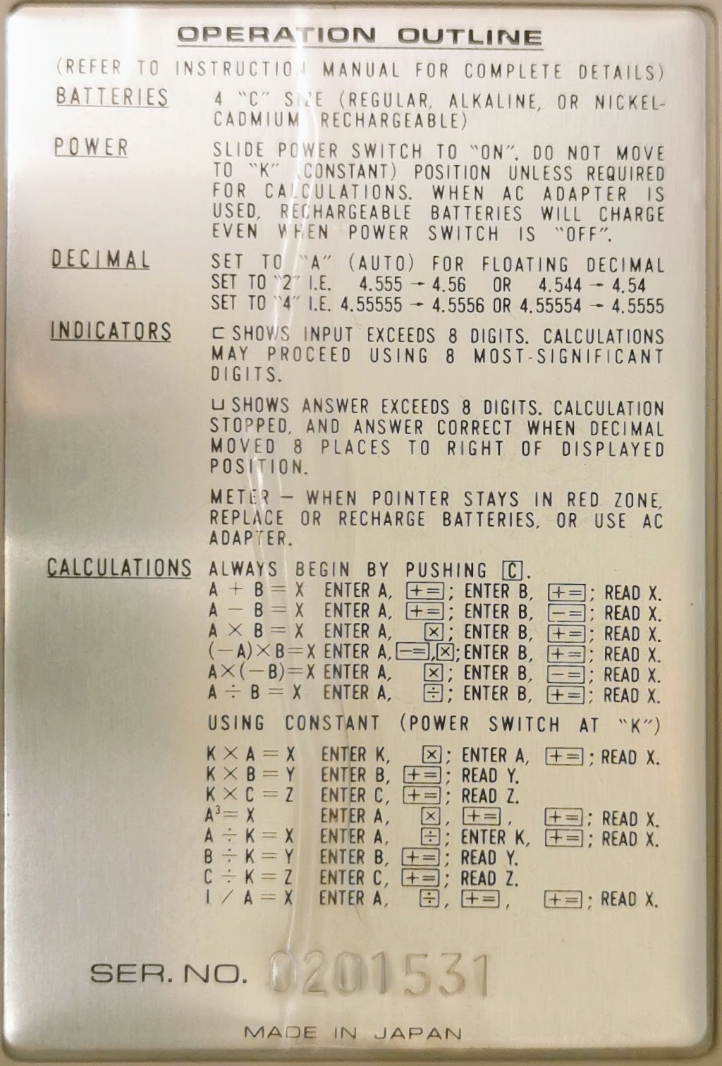 Kovac K-80D Operating Instruction Label
