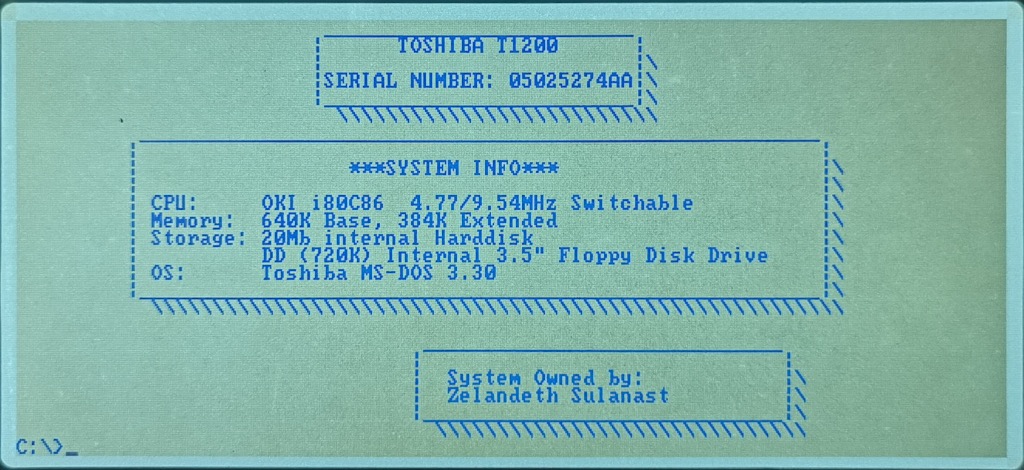 MS-DOS prompt screen on a Toshiba T1200 (with customised autoexec file)